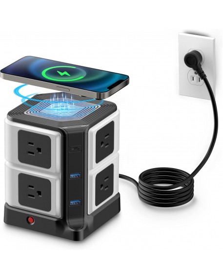 BESTEK Power Strip with PD 20W USB C, Wireless Charger, 8 AC Outlets, 3 USB Ports, Surge Protector